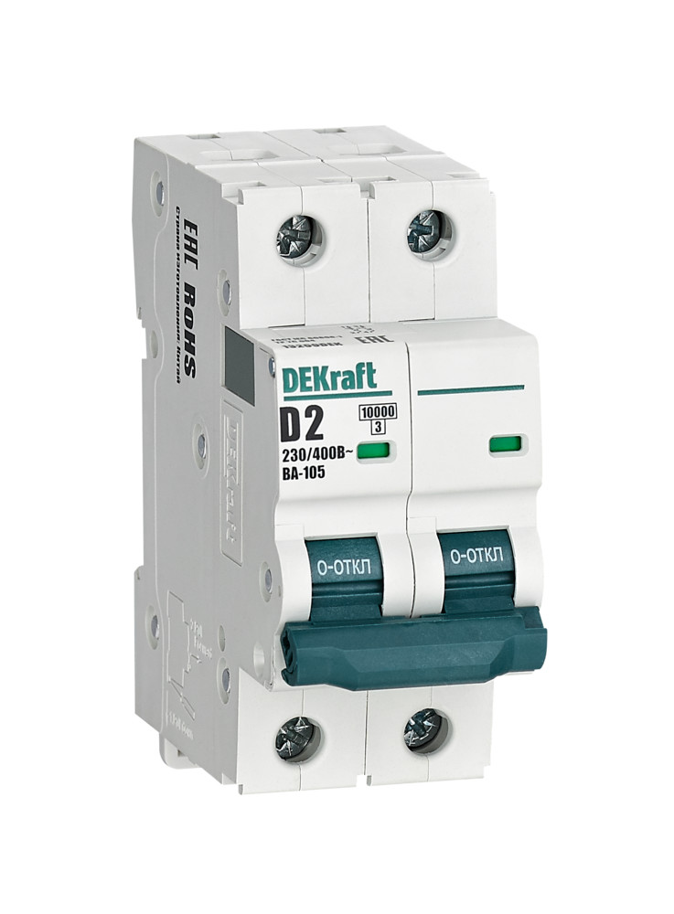 А01. Автоматический выключатель ВА-105 13209DEK 2P 2A х-ка D 10кА (DEKraft)