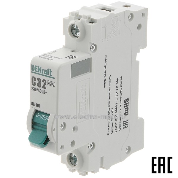 А0109. Автоматический выключатель ВА101-1P-032А-C 11057DEK C32А/1п/ 4,5кА на Din-рейку (DEKraft)