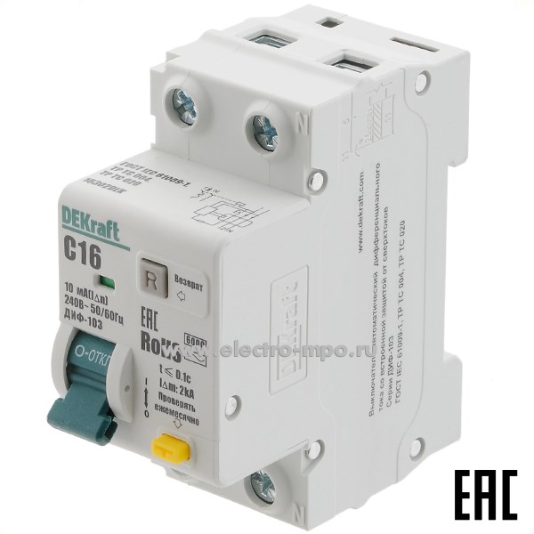 А2202. Дифф. автомат ДИФ103  16302DEK (тип АС) 16А-10мА 230В 1P+N 2мод. 6,0кА х-ка С (DEKraft)