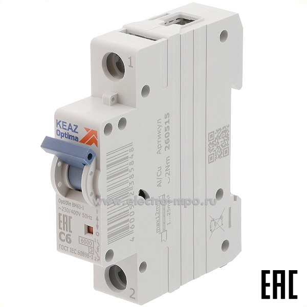 А1147. Автоматический выключатель OptiDin ВМ-63-1C6 6А/1п/ 6кА на Din-рейку 260515 (КЭАЗ)