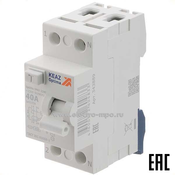 А1873. Устройство защит. откл. OptiDin DM63-2240 (тип АС) 40А-30мА 230В 1P+N 4,5кА 343889 (КЭАЗ)