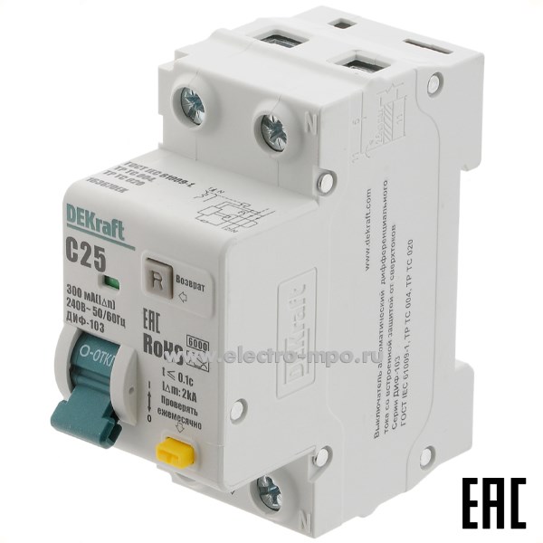 А2247. Дифф. автомат ДИФ103  16367DEK (тип А) 25А-300мА 230В 1P+N 2мод. 6,0кА х-ка С (DEKraft)