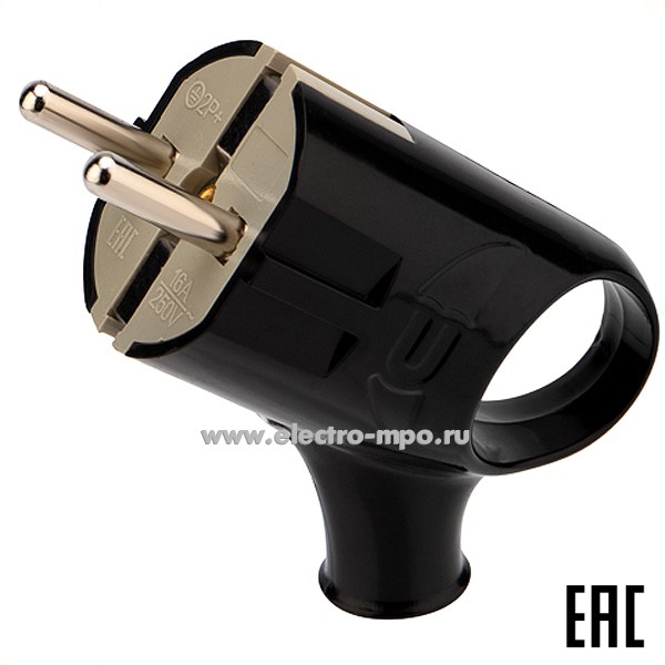 Р38. Вилка 11-8953 Евро угловая с з/к 16А с кольцом черная (Rexant)