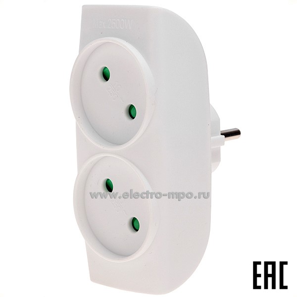 Р43. Двойник 11-1074 электрический 10А б/з вертикальный белый (Rexant)