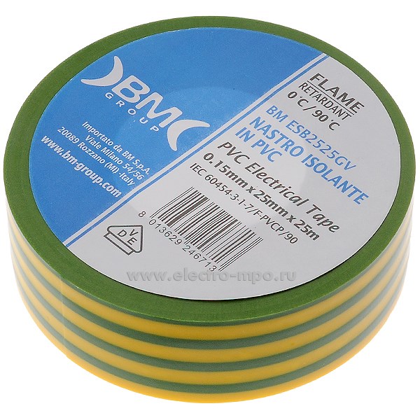 60955. М0955 Лента  ESB2525GV 25ммХ25м изоляционная жёлто-зелёная ПВХ (ВМ)