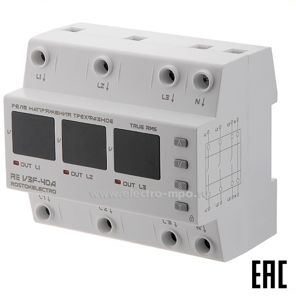 А7622. Реле напряжения RE V3F-40A 380В Umin120-200В/Umax210-270В 40А 3P+N (ROSTOKELECTRO)