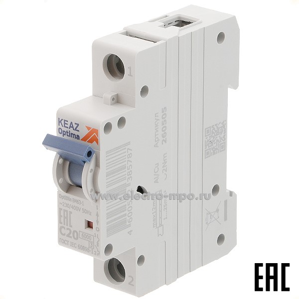 А1151. Автоматический выключатель OptiDin ВМ-63-1C20 20А/1п/ 6кА на Din-рейку 260505 (КЭАЗ)