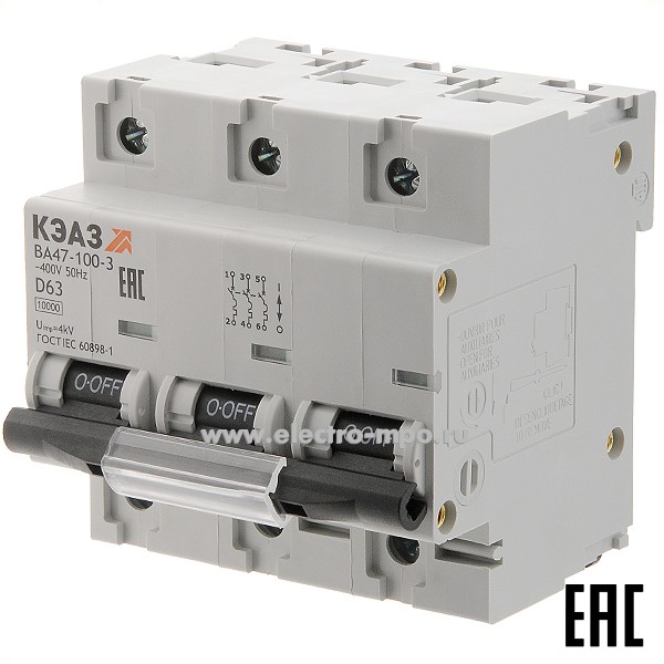 А1636. Автоматический выключатель ВА47-100-3D63 63А/3п/ 10кА на Din-рейку 318135 (КЭАЗ)