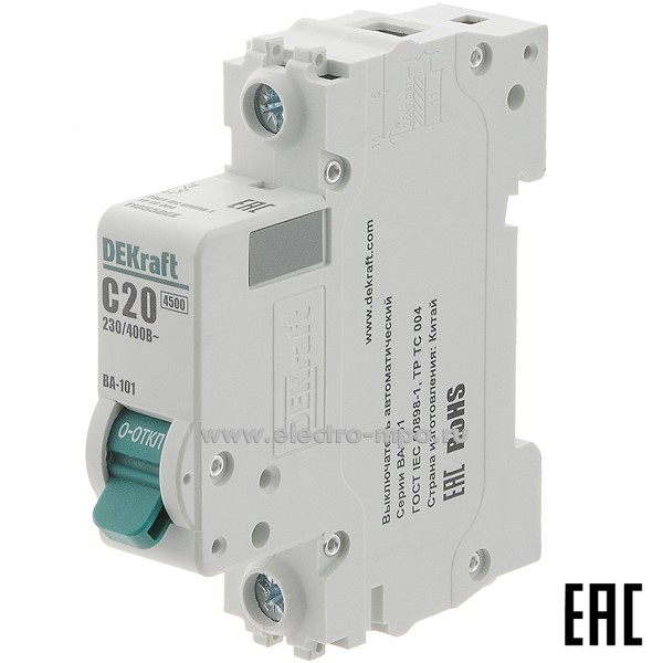 А0107. Автоматический выключатель ВА101-1P-020А-C 11055DEK C20А/1п/ 4,5кА на Din-рейку (DEKraft)