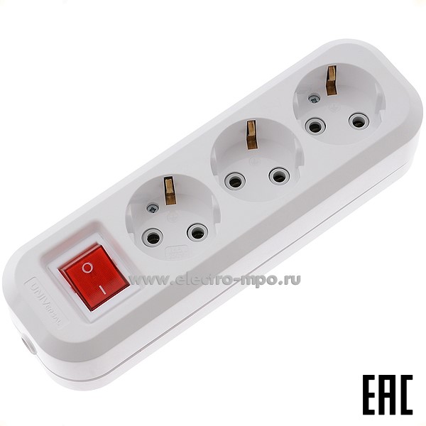 Р1615. Блок UNIVersal S303 на 3 розетки "евр" с выключателем о/п белый (Электросервис)