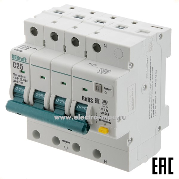 А2262. Дифф. автомат ДИФ103  16412DEK (тип АС) 25А-100мА 400В 3P+N 5мод. 6,0кА х-ка С (DEKraft)