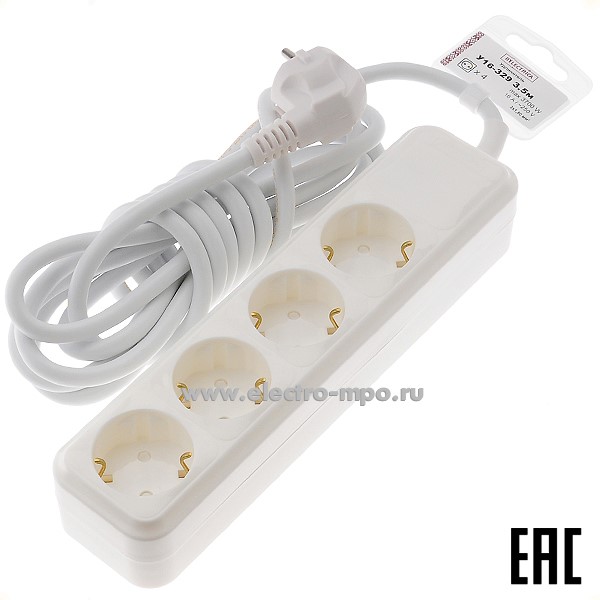 Р5127. Удлинитель У16-329 3.5м 3,5 метра 4 розетки "евр" 16А белый (Светоприбор Минск)