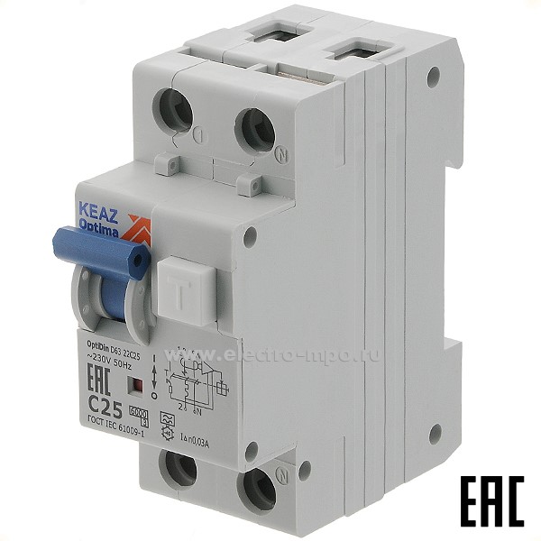 А1808. Дифф. автомат OptiDin D63-22С25-УХЛ4-А (тип А) 25А-30мА 230В 1Р+N 6кА 103509 (КЭАЗ)
