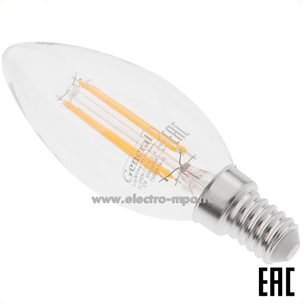 Л1312. Лампа 5Вт Filament прозрач. 649906 GLDEN-CS-10-230-E14-2700К светодиодная "свеча" т/б свет (Genera