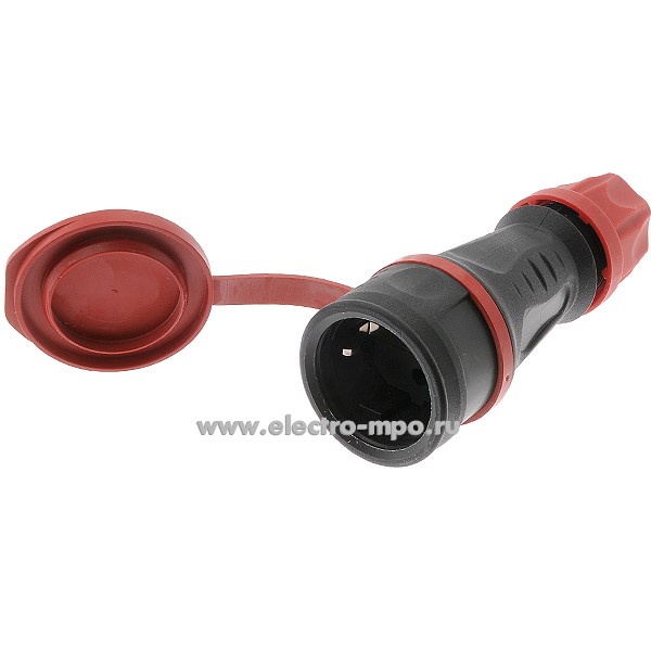 Р5638. Розетка "евр" 25621-s кабельная резиновая  с красной крышкой гермоввод 6-13 мм черная IP44 (РСЕ)