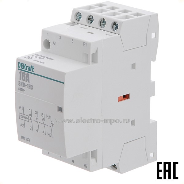 А7504. Контактор модульный МК103-016A-230B-31 18054DEK 16А 3з+1р  230В на Din-рейку (DEKraft)