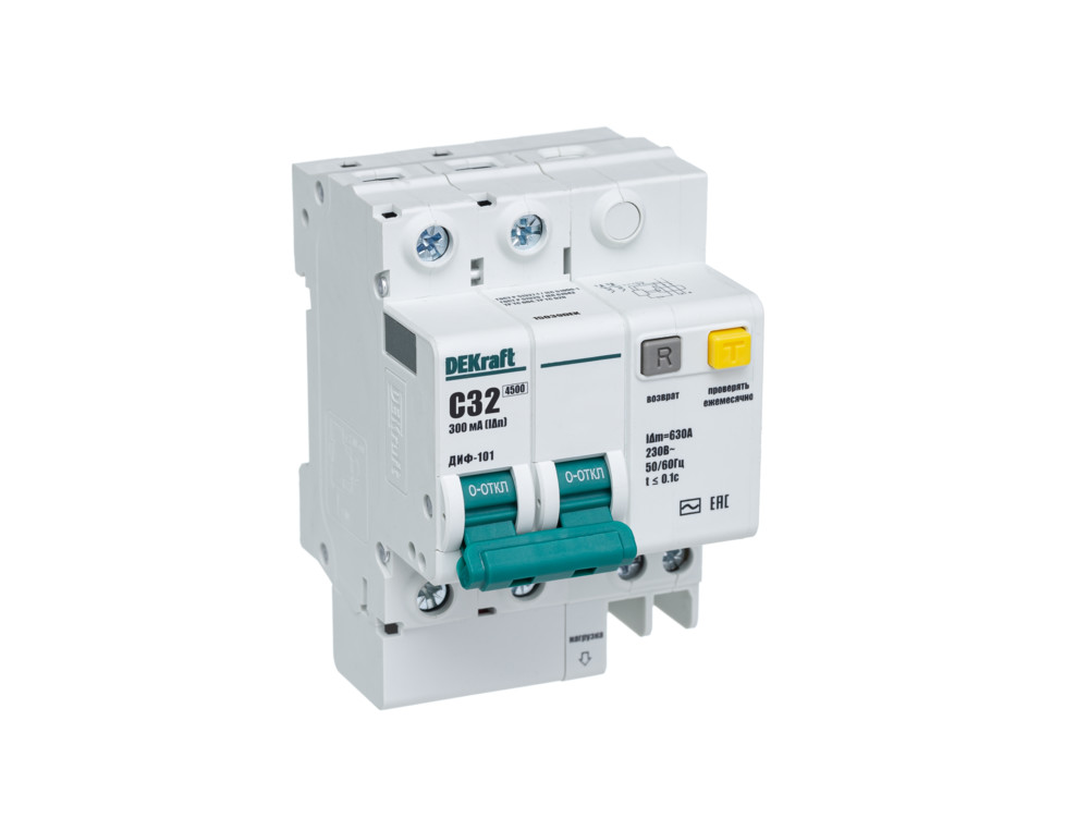 А21. Дифференциальный автомат ДИФ101 15039DEK 2Р 32А 300мА тип AC х-ка С 4,5кА (DEKraft)