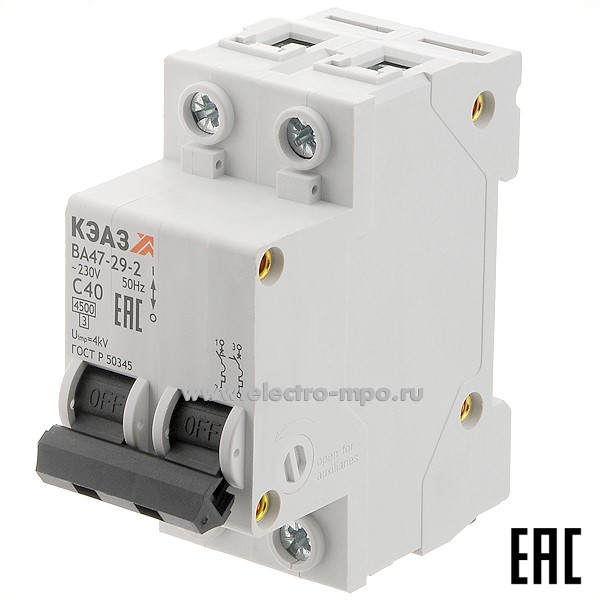 А1247. Автоматический выключатель ВА47-29-2C40 40А/2п/ 4,5кА на Din-рейку 141600/318248 (КЭАЗ)