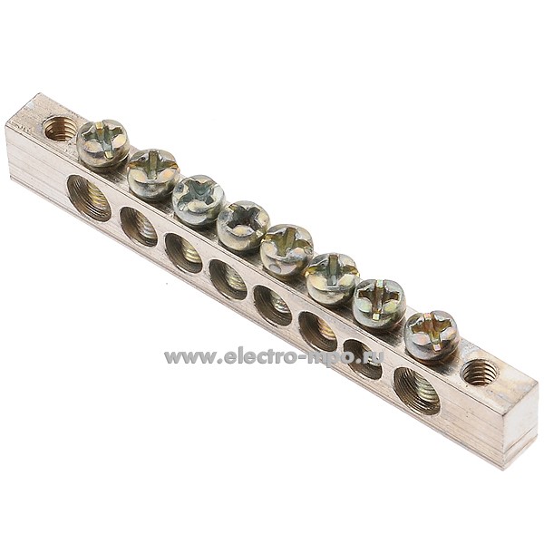 Э1346. Шина РЕ8 земля на 8 присоединений никелированная латунь 100А (П.К. ЭБК )
