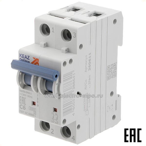 А1271. Автоматический выключатель OptiDin ВМ-63-2C6 6А/2п/ 6кА на Din-рейку 260611 (КЭАЗ)