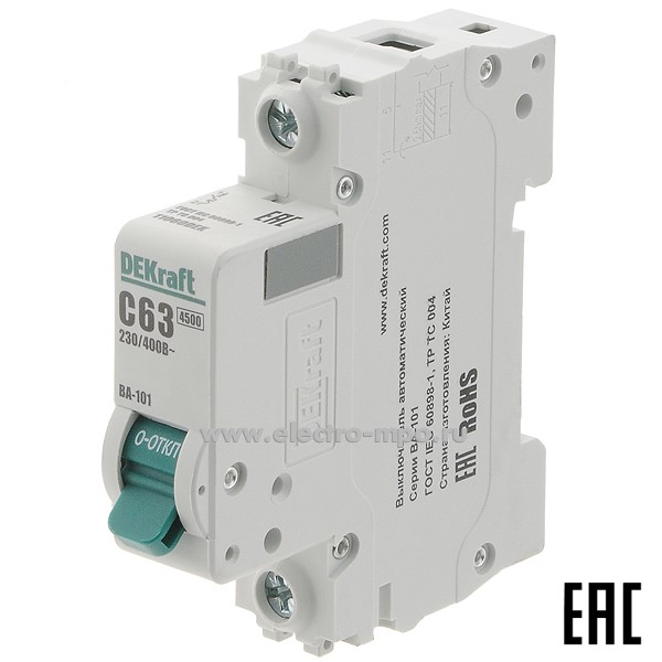 А0112. Автоматический выключатель ВА101-1P-063А-C 11060DEK C63А/1п/ 4,5кА на Din-рейку (DEKraft)