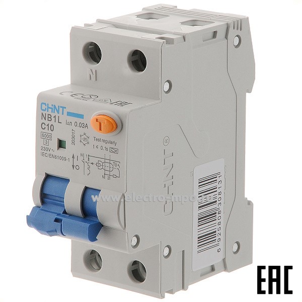 К9308. Дифф. автомат NB1L  203017 (тип А) 10А-30мА 230В 1P+N 2мод. 6кА хар-ка C (CHINT)