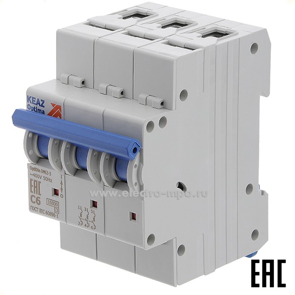 А1630. Автоматический выключатель OptiDin BM63-3C6 6А/3п/ 10кА на Din-рейку 249248 (КЭАЗ)