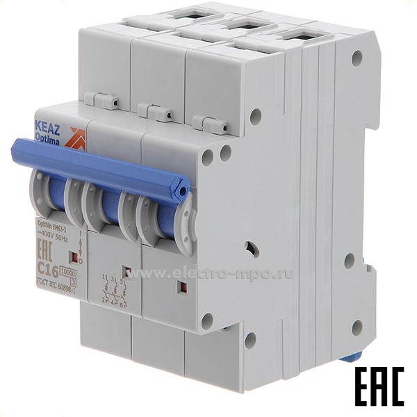 А1631. Автоматический выключатель OptiDin BM63-3C10 10А/3п/ 10кА на Din-рейку 249251 (КЭАЗ)