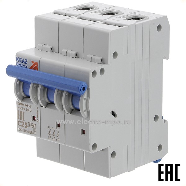 А1634. Автоматический выключатель OptiDin BM63-3C25 25А/3п/ 10кА на Din-рейку 249206 (КЭАЗ)