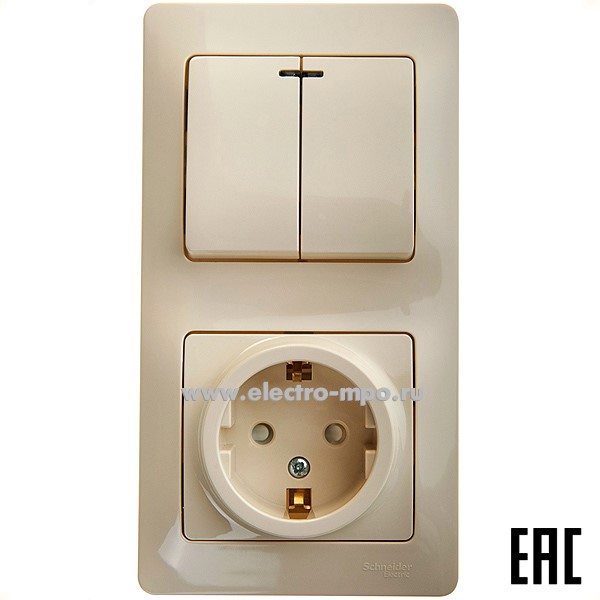 Р16. Блок Glossa GSL000275 выкл. 2кл. с подсветкой + розетка "евр" со шторками с/п бежевый (Systeme)