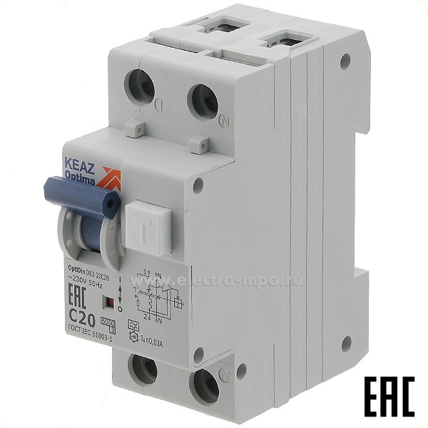 А1807. Дифф. автомат OptiDin D63-22С20-УХЛ4-А (тип А) 20А-30мА 230В 1Р+N 6кА 333143 (КЭАЗ)