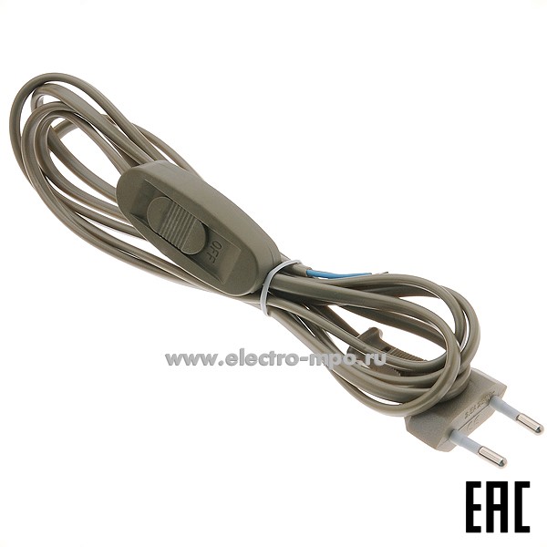 Р6414. Шнур 51039 KF-HK-1 2.5А 250В с проходным выключателем 1,9м армированный вилкой "золотой" (Feron)