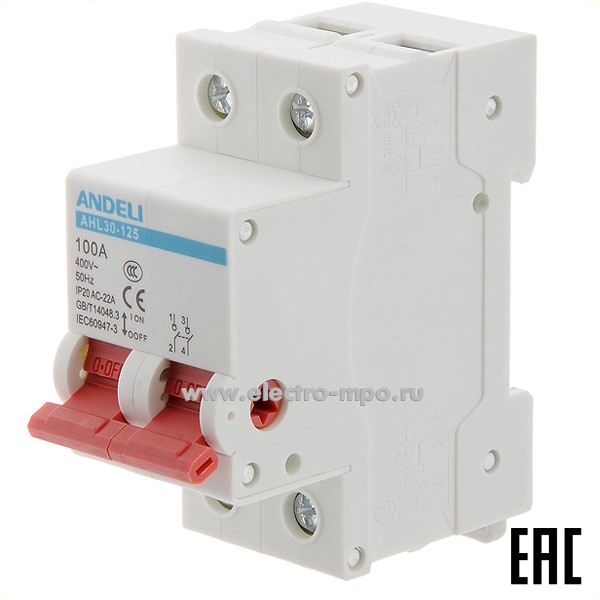 А6737. Выключатель нагрузки AHL30-125 2P 100A ADL04-009 (ANDELI)