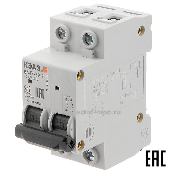 А1249. Автоматический выключатель ВА47-29-2C63 63А/2п/ 4,5кА на Din-рейку 318252 (КЭАЗ)