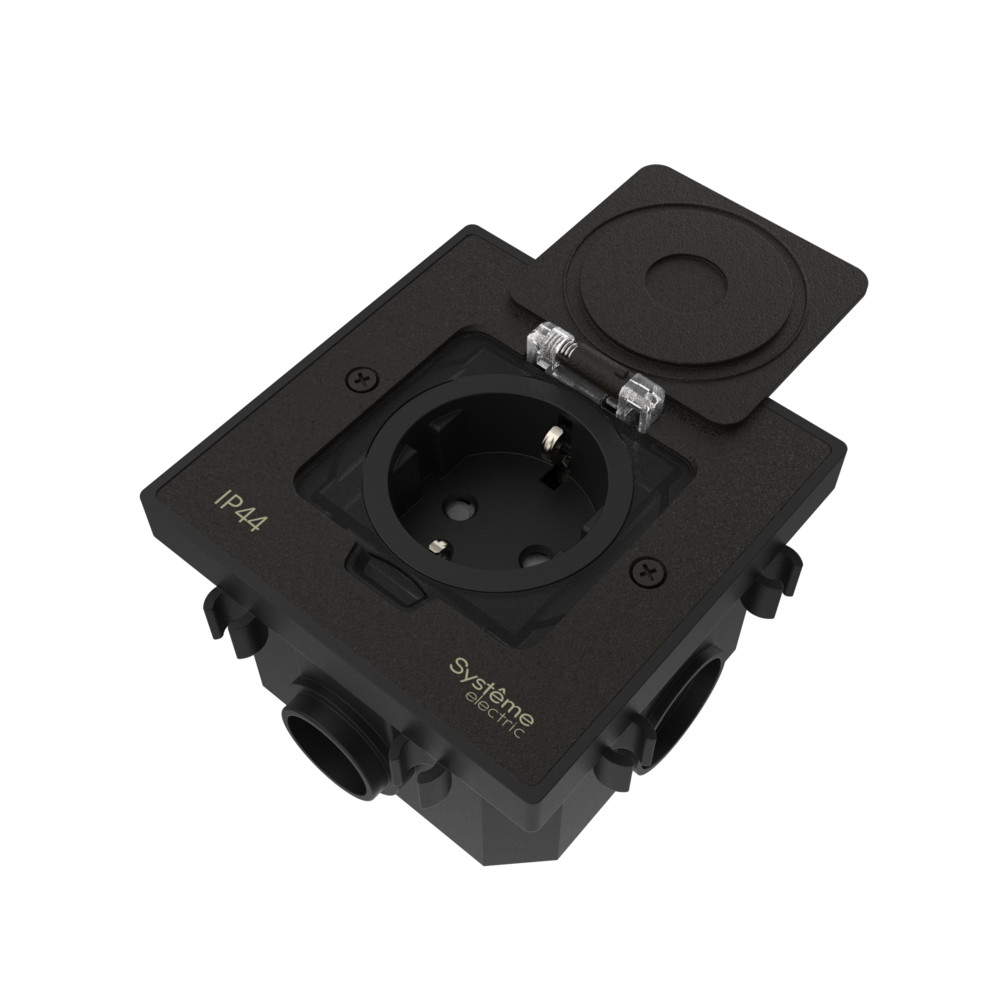 М90. Люк MultiDesk MDK21202MBC на 2 мод в бетонный пол с розеткой, черный матовый IP44 (System Electric)