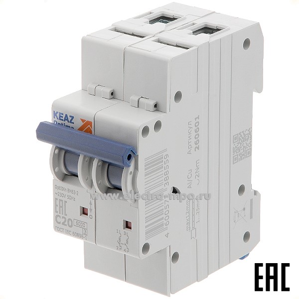 А1277. Автоматический выключатель OptiDin ВМ-63-2C20 20А/2п/ 6кА на Din-рейку 260601 (КЭАЗ)