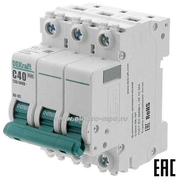 А0139. Автоматический выключатель ВА101-3P-040А-C 11082DEK C40А/3п/ 4,5кА на Din-рейку (DEKraft)