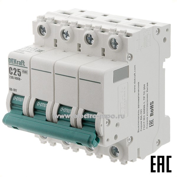 А0146. Автоматический выключатель ВА101-4P-025А-C 11092DEK C25А/4п/ 4,5кА на Din-рейку (DEKraft)