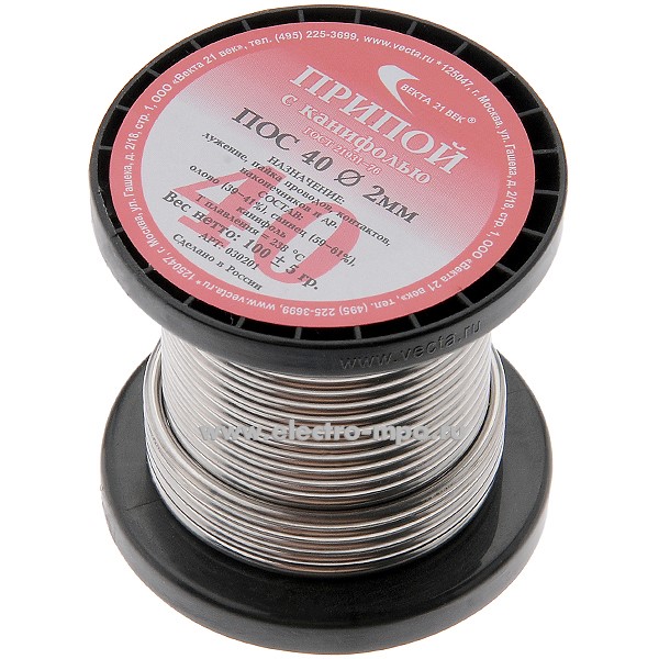 В3316. Припой 030201 ПОС-40 Т2А 100 г D=2,0мм на катушке с канифолью (Москва)