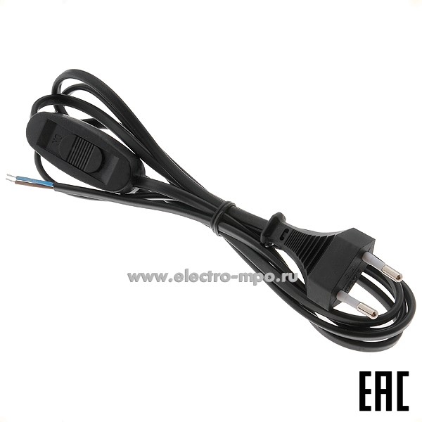 Р6411. Шнур 51041 KF-HK-1-2 2х0.5мм2 230В с проходным выключателем 1,9м армированный вилкой чёрный (Feron)