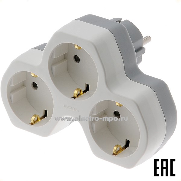 Р4331. Тройник 11-1088 на 3 розетки "евро" со шторками белый (Rexant Китай)