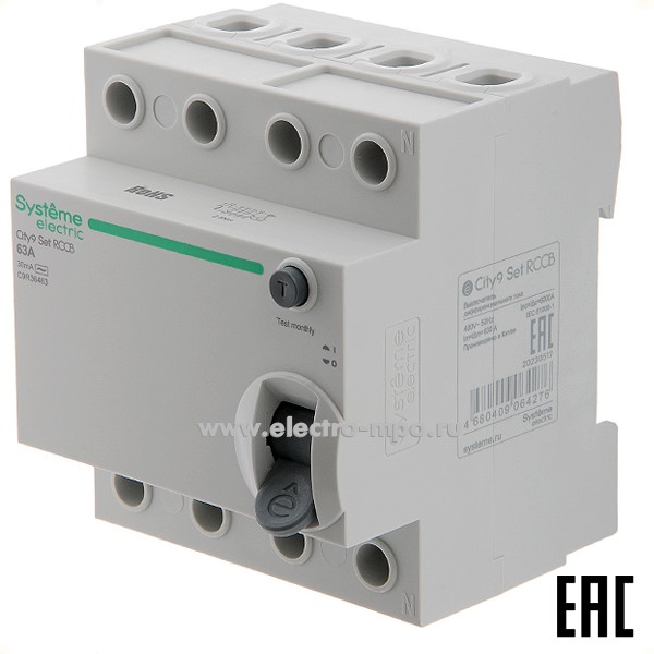А0413. Устройство защитного отключения City9  C9R36463 (тип АС) 63А-30мА 400В 4P 6кА (Systeme Electric)