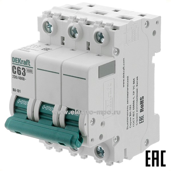 А0141. Автоматический выключатель ВА101-3P-063А-C 11084DEK C63А/3п/ 4,5кА на Din-рейку (DEKraft)