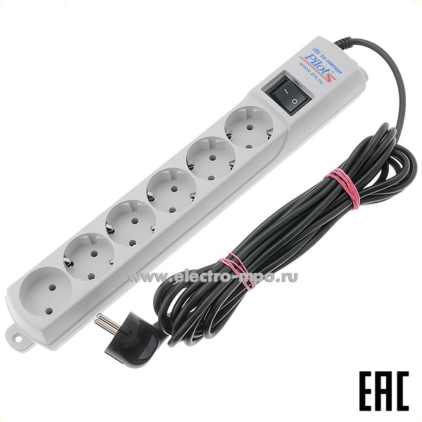 Р5319. Сетевой фильтр Pilot-S (арт.013) 5 розеток "евр" + 1розетка 3м серый 10А 150Дж (ЗИС Россия)