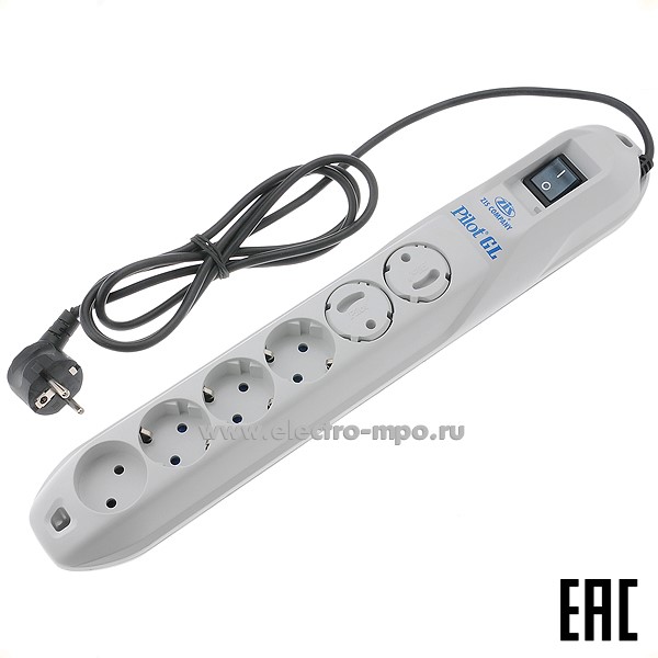 Р5342. Сетевой фильтр Pilot-GL (арт.021-GL-6)  5 розеток "евр" + 1розетка 3м серый 10А 1500Дж (ЗИС Россия)
