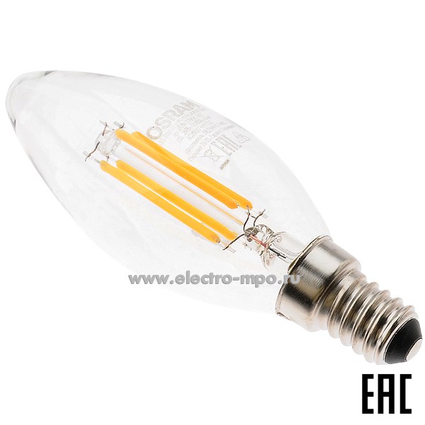 Л0076. Лампа 5Вт 84577 LEDSCLB60 230V FIL Е14 600Лм 2700K светодиодная "свеча" т/б свет (OSRAM)