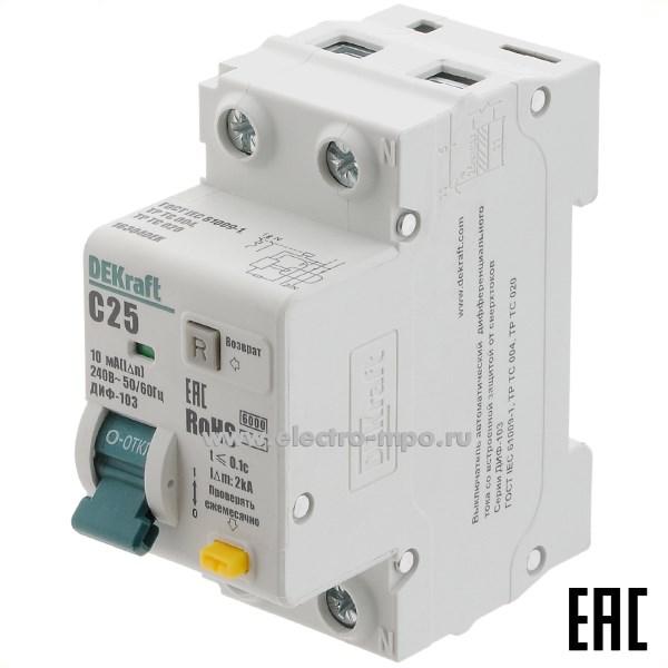 А2204. Дифф. автомат ДИФ103  16304DEK (тип АС) 25А-10мА 230В 1P+N 2мод. 6,0кА х-ка С (DEKraft)