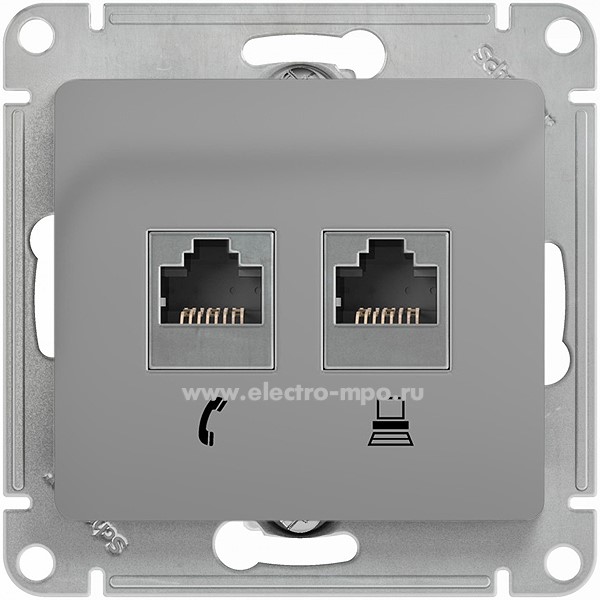 Ю1036. Механизм Glossa GSL000385 розетки комп. RJ45 5e + тел. RJ11 с/п алюминий (Systeme Electric)
