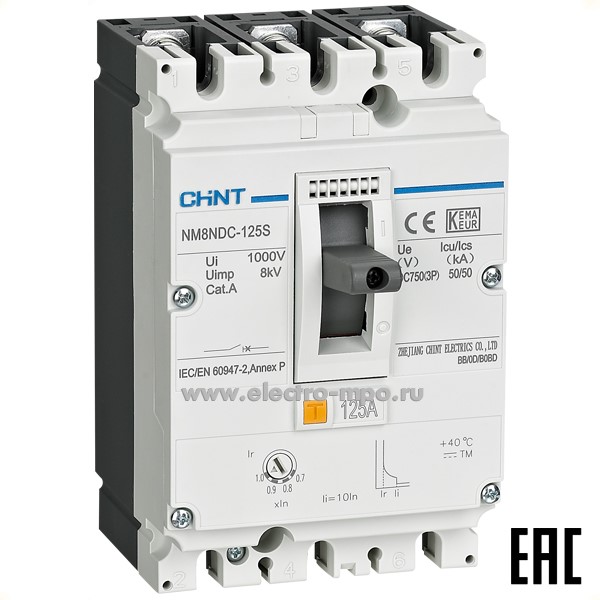 К98. Автоматический выключатель 271589 NM8N-125S TM 3P 100А 50кА с рег. термомаг. расц. (CHINT)