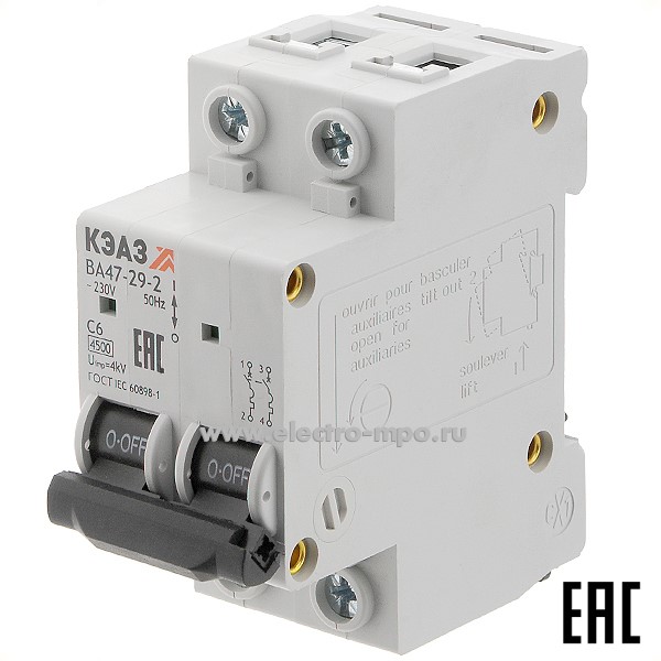 А1240. Автоматический выключатель ВА47-29-2C6 6А/2п/ 4,5кА на Din-рейку 231628/318253 (КЭАЗ)